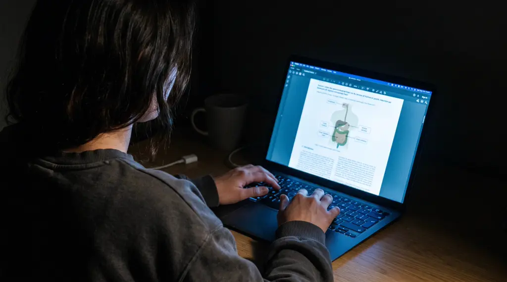 Laptop glowing in a dark room at night with a research paper on screen showing a diagram of the digestive system