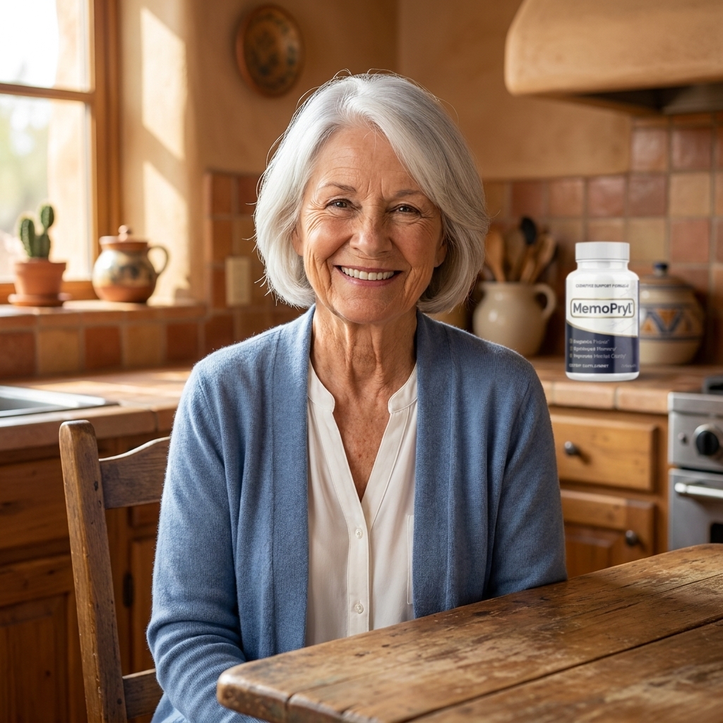 Carol B., 65-75, holding MemoPryl bottle at dinner table