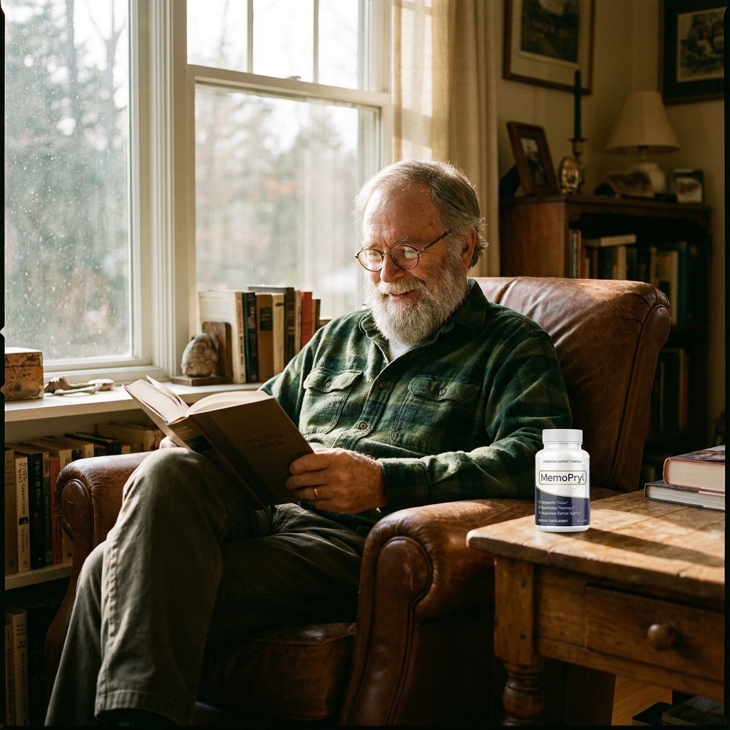 Frank D., 70+, holding MemoPryl bottle at his desk