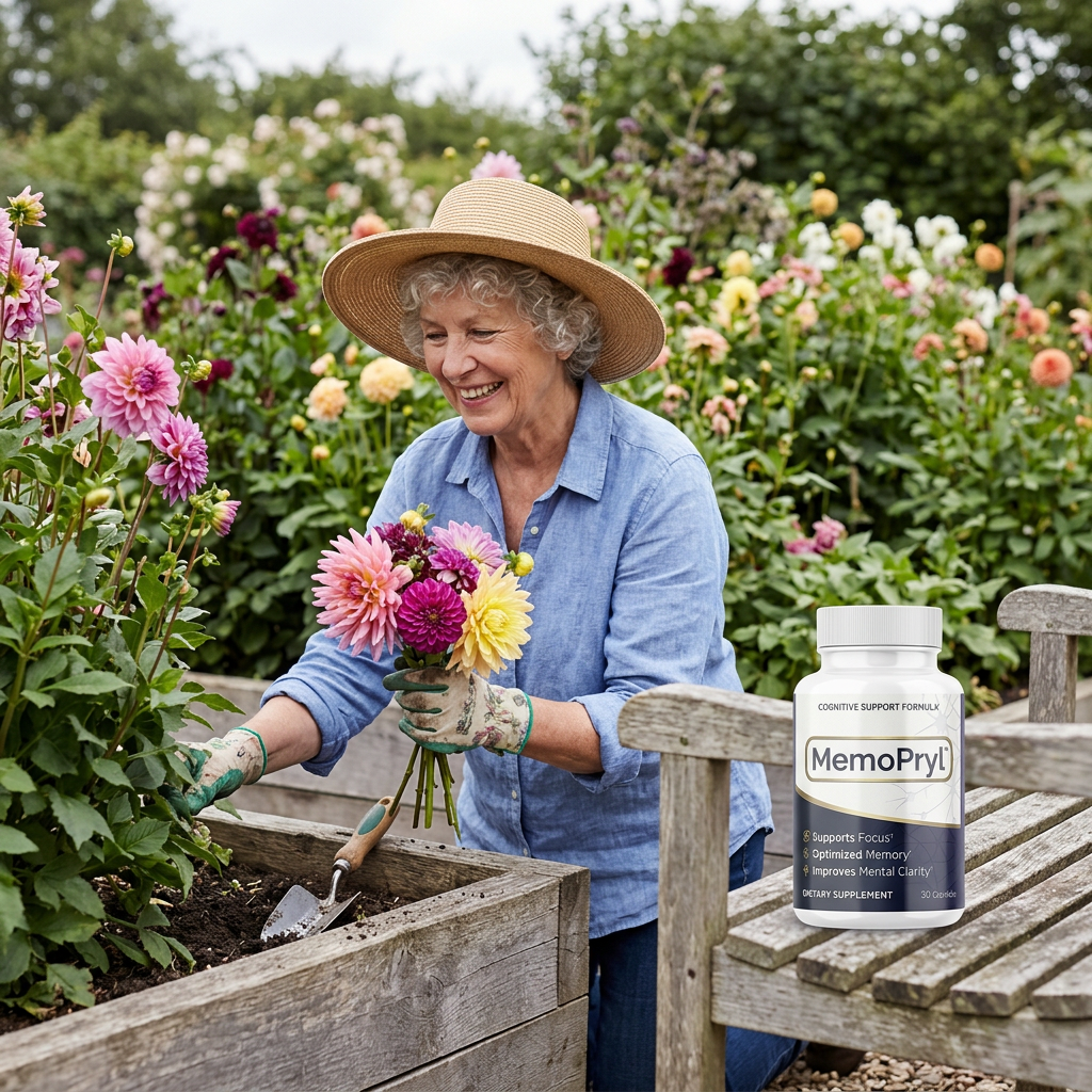 Eleanor P., 70+, holding MemoPryl bottle on her porch