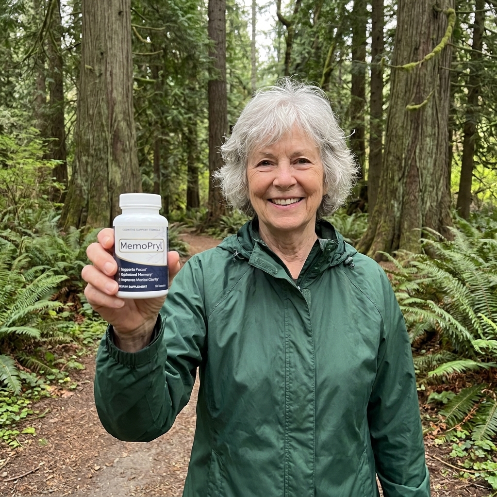 Ruth S., 65-75, holding MemoPryl bottle in her living room