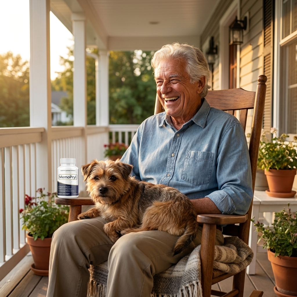 Arthur, 70+, holding MemoPryl bottle in his kitchen