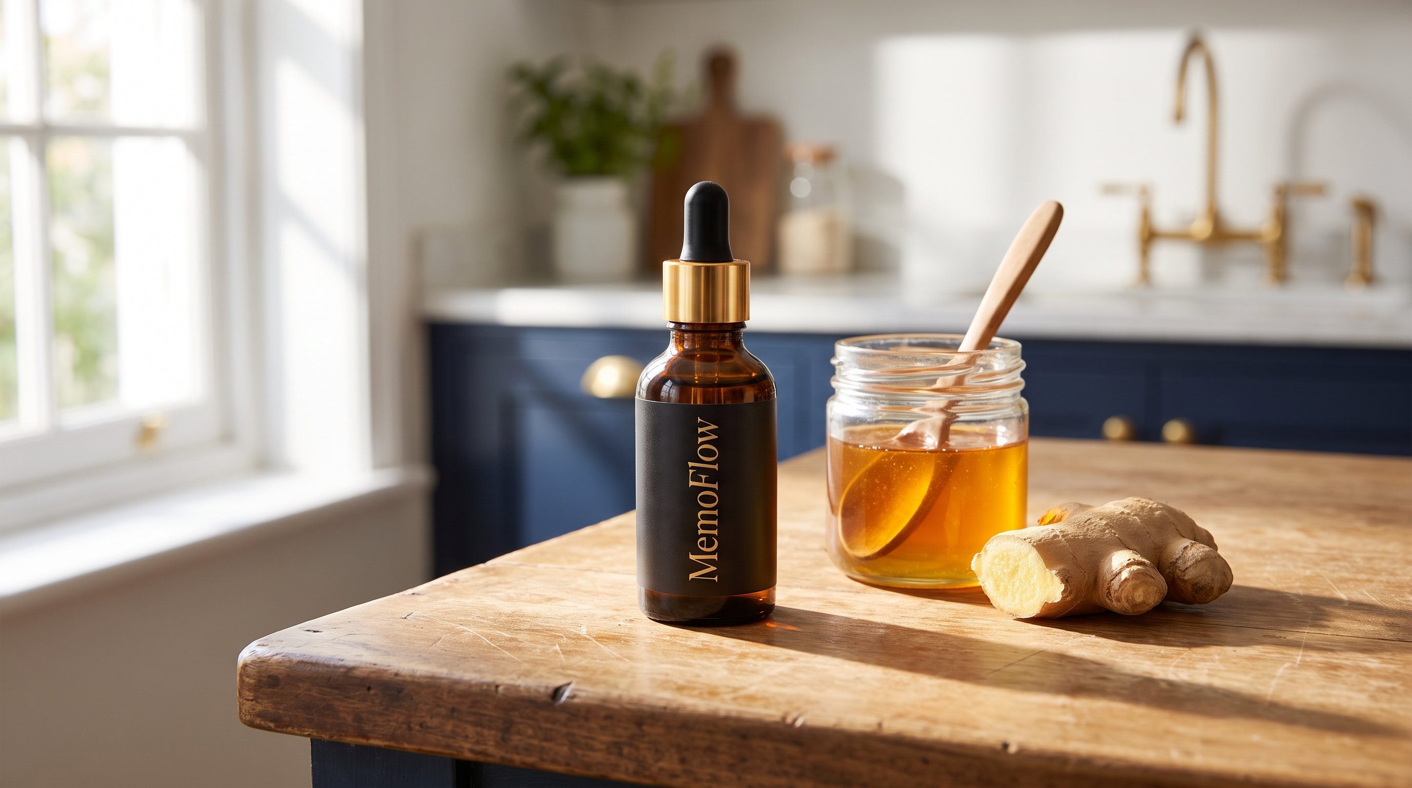 MemoFlow dropper bottle on kitchen counter with honey and ginger