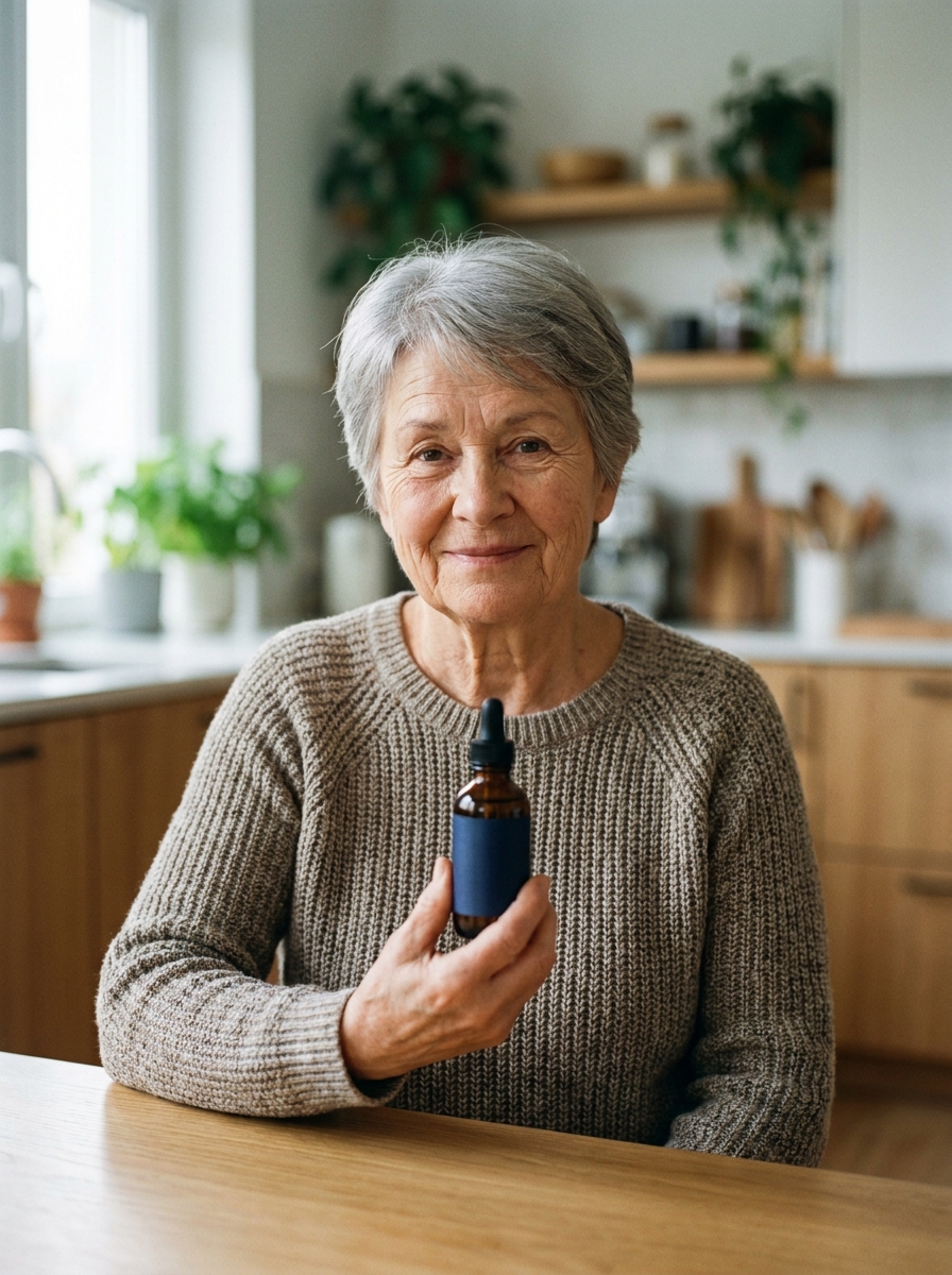 Margaret W., 68, holding a MemoFlow bottle in her kitchen