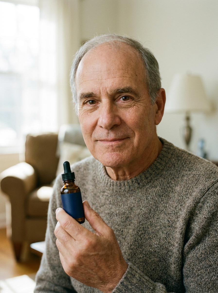 Robert M., 73, holding a MemoFlow bottle in his living room