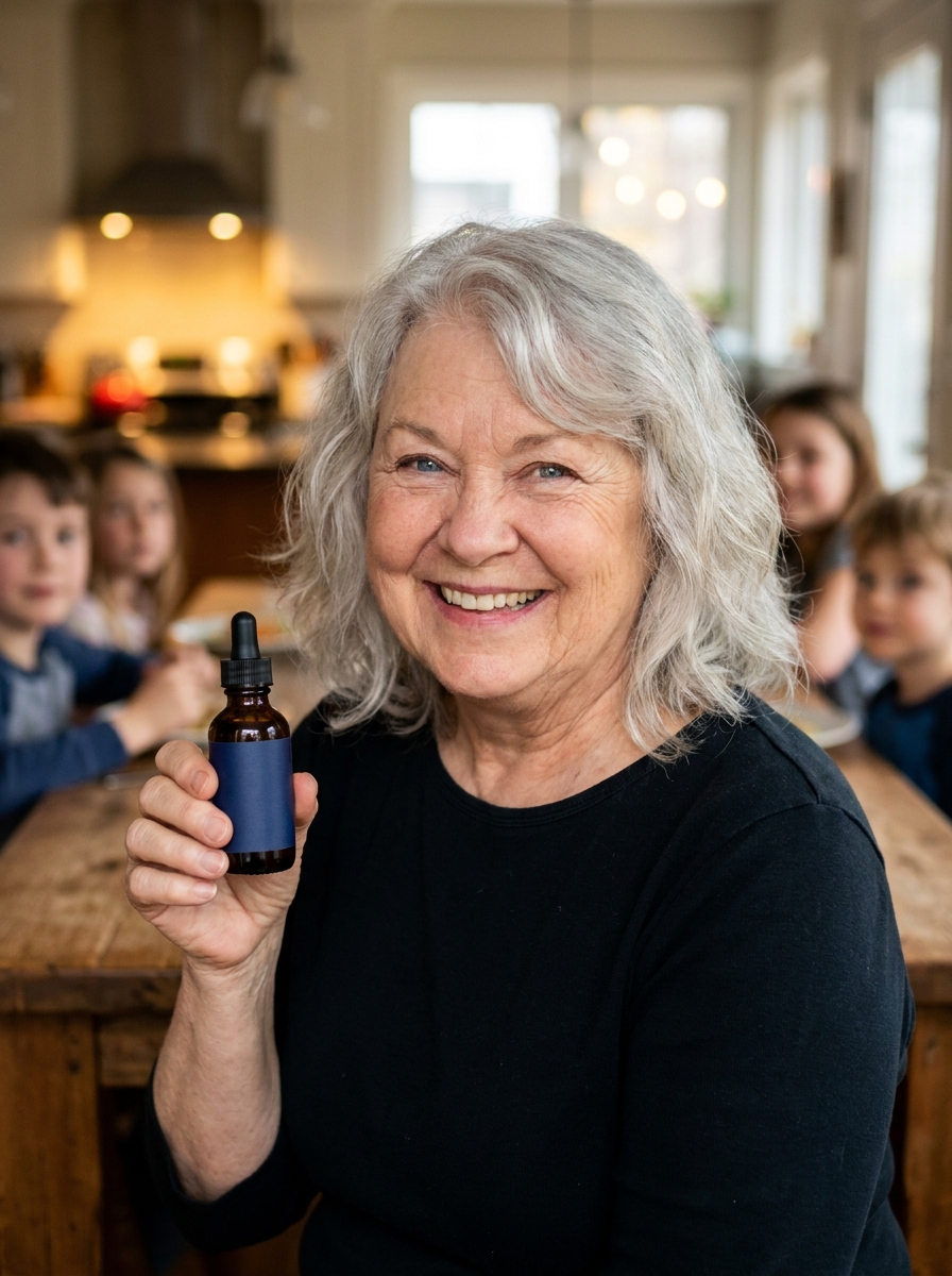 Susan P., 74, holding a MemoFlow bottle at a family dinner