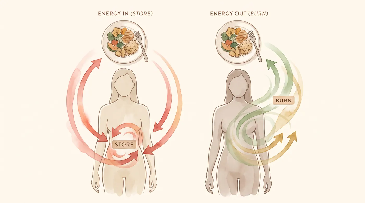Two body silhouettes: same plate of food, two completely different fates. Left: STORE. Right: BURN.