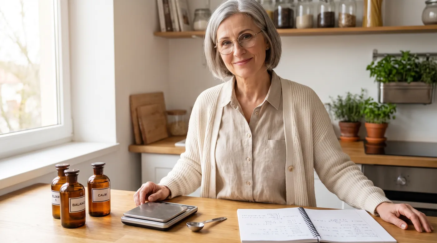Dana Whitfield, formulator, at her workspace with a digital scale, three apothecary bottles, and a notebook of handwritten formulas