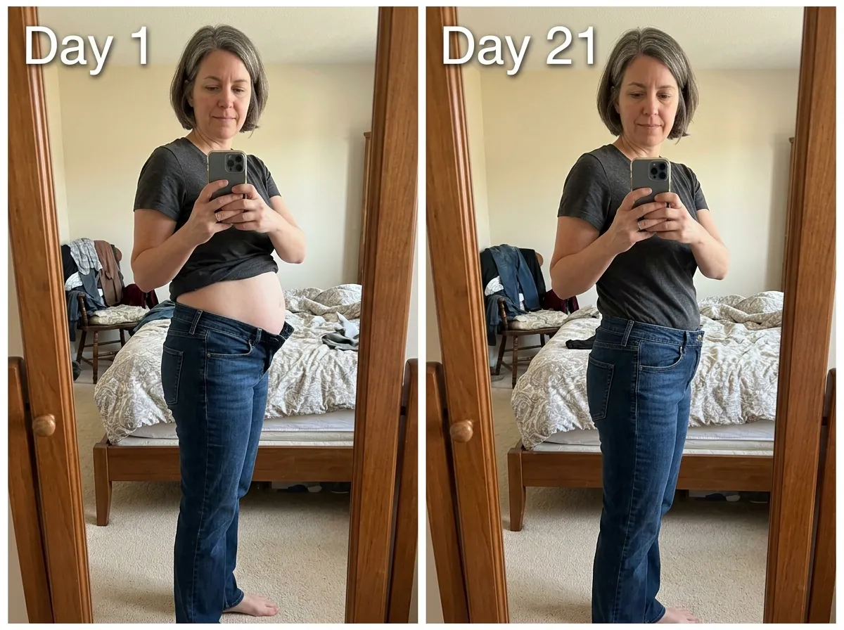 Day 1 vs Day 21 mirror selfie — same woman, same mirror, same bedroom. Visible bloat at Day 1; leaner, less puffy by Day 21.