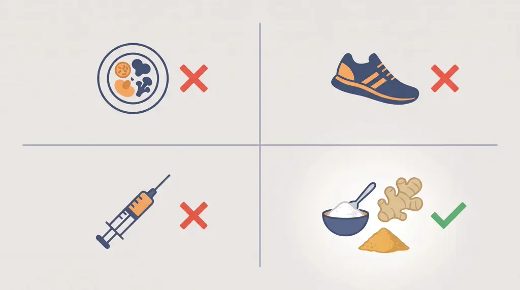 Four ways to try to fix daily bloat: a plate of food with a red X, a running shoe with a red X, a syringe with a red X, and a scoop of baking soda with a green checkmark. Three approaches women have tried. The fourth is the only one built on what your body actually needs.