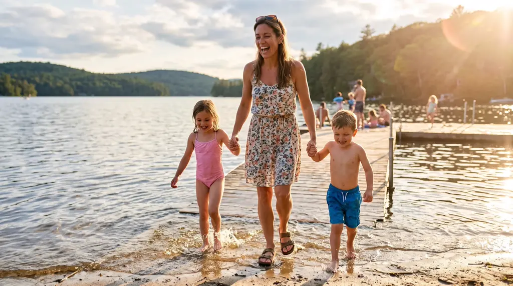 Confident woman in her 40s stepping into summer, laughing with her kids at a lake, fully present — the moment the closet door stays open and the camera clicks without hiding.