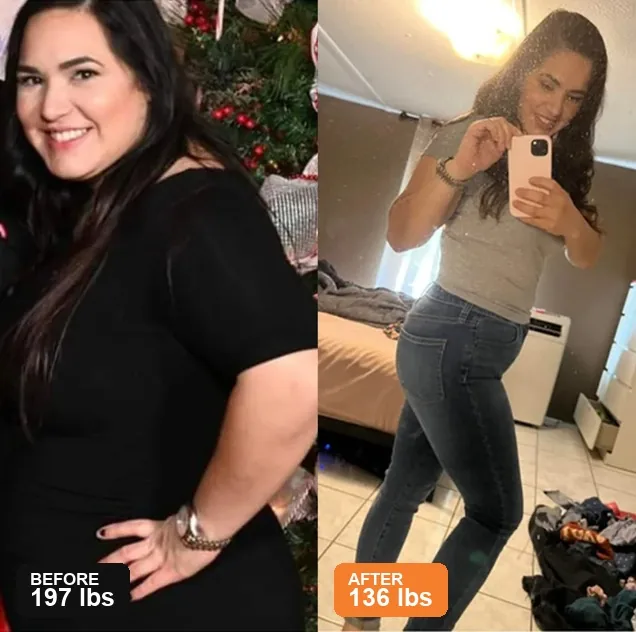 Real SlimSoda customer transformation. Same woman, before and after, 14 months apart. 197 lbs to 136 lbs.