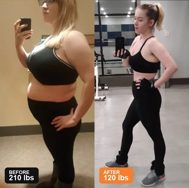 Real SlimSoda customer transformation. Same woman, before and after, 18 months apart. 210 lbs to 120 lbs.
