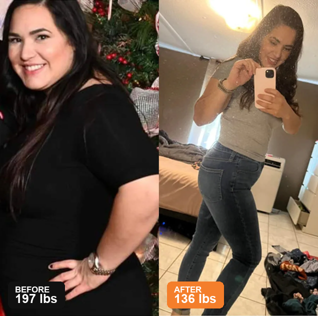Same woman, before and after. Before: in black top at 197 lbs. After: in jeans and gray t-shirt at 136 lbs, mirror selfie.