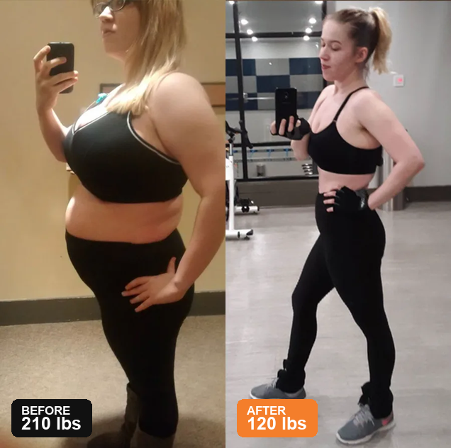 Same woman, before and after. Before: in black sports bra and leggings at 210 lbs. After: in gym mirror selfie at 120 lbs.