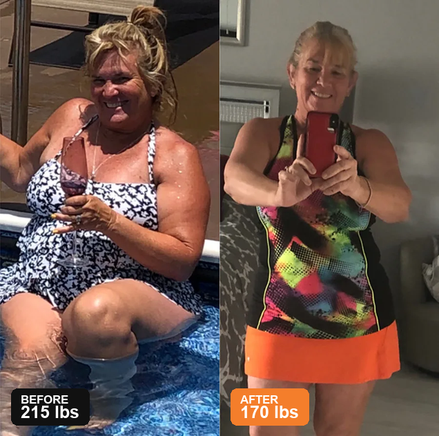 Same woman, before and after. Before: poolside in swimsuit at 215 lbs. After: at home in colorful top and orange skirt at 170 lbs.
