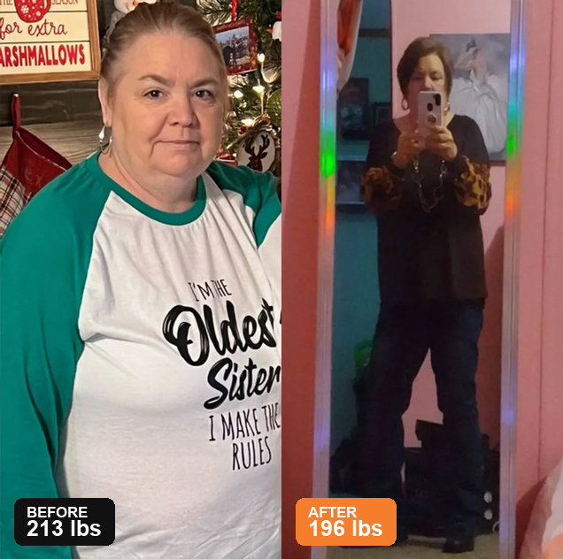 Same woman, before and after. Before: at Christmas in Oldest Sister t-shirt at 213 lbs. After: at home in leopard print top and jeans at 196 lbs.