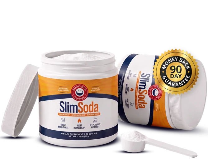 SlimSoda 2-tub package: one open tub showing white powder with a 30-serving scoop, one closed tub, with the gold 90-Day Money Back Guarantee seal