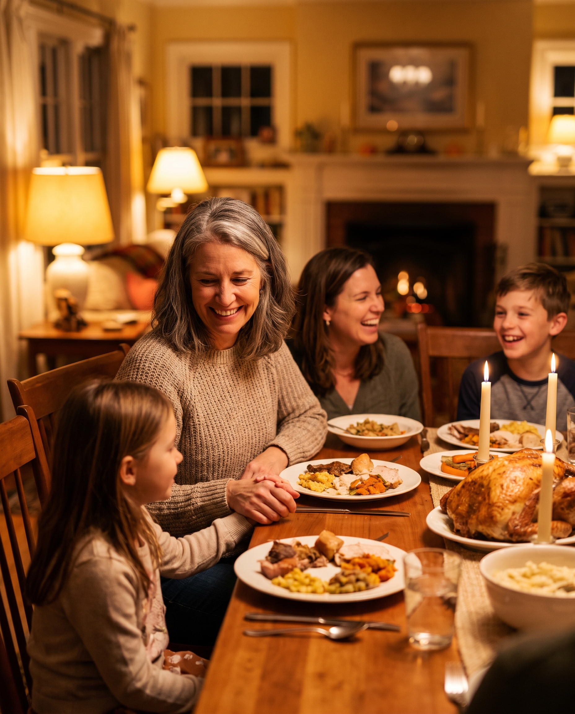 A 60-year-old woman smiling at a Thanksgiving dinner table with her adult daughter and two grandchildren