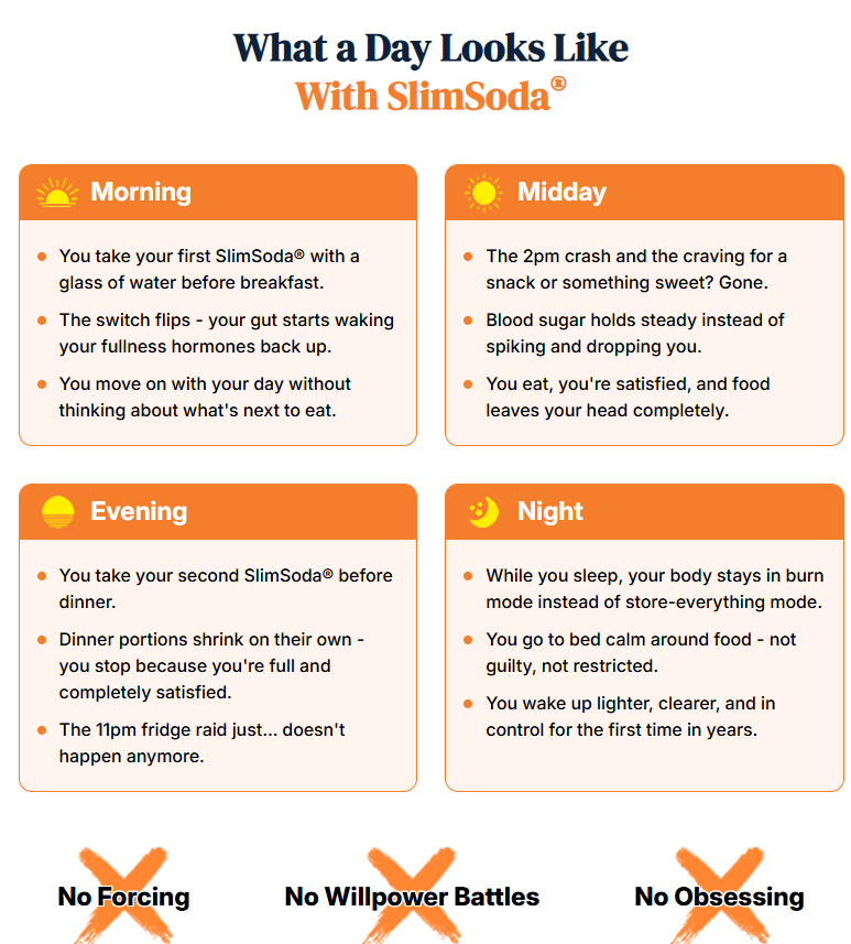 A daily routine chart showing Morning, Midday, Evening, and Night sections of what taking SlimSoda looks like throughout a 24-hour period, with three cross-marks below: No Forcing, No Willpower Battles, No Obsessing