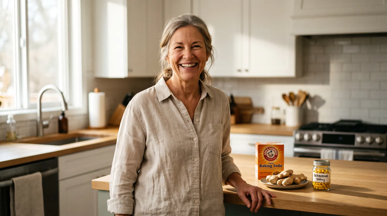 A 60-year-old woman smiling in her kitchen with baking soda, fresh ginger root, NAD+ capsules, and berberine capsules on the counter behind her