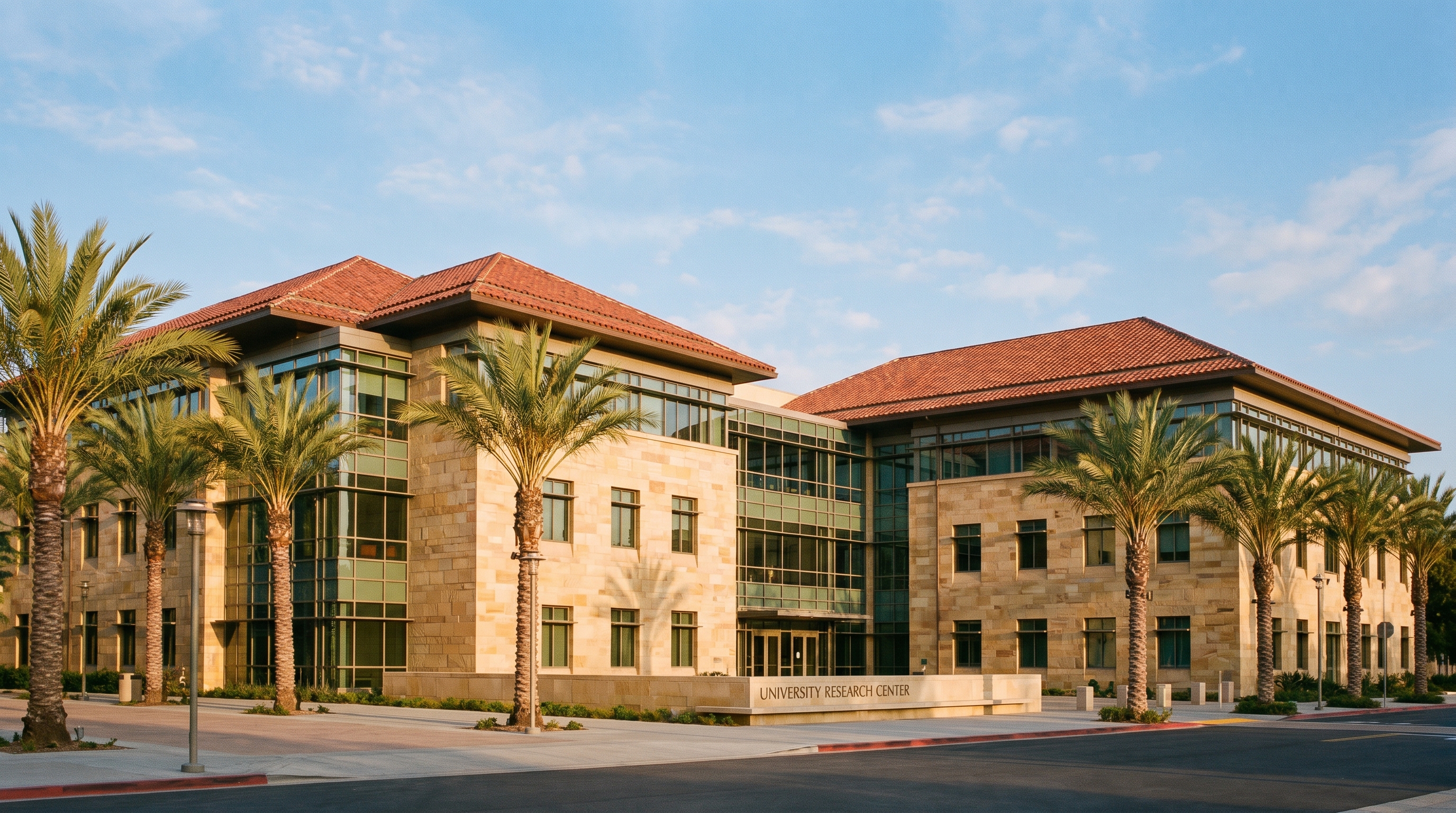 A generic modern American university research building with sandstone architecture