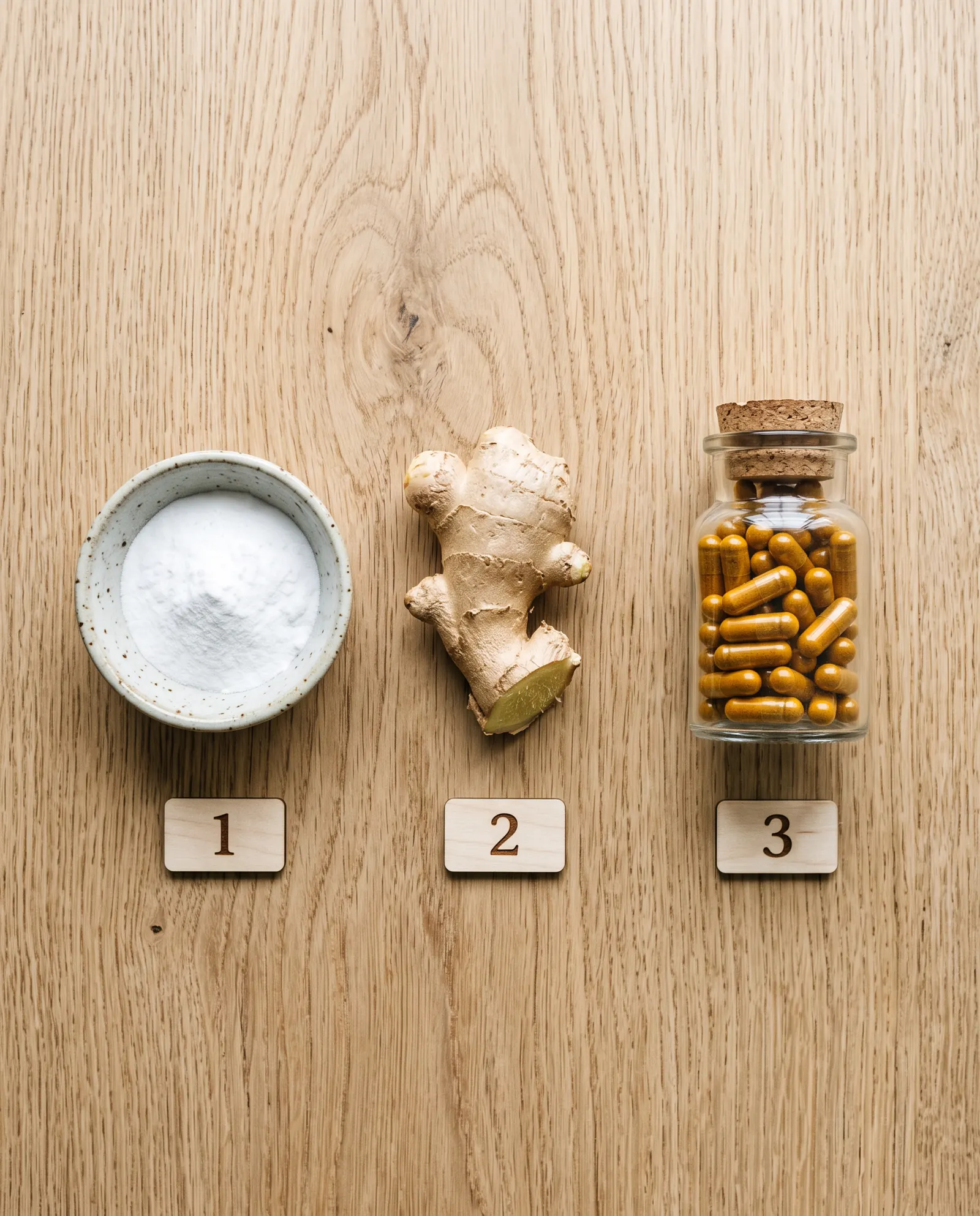 Top-down flat lay of three ingredients on a wooden counter: baking soda, fresh ginger root, and berberine capsules
